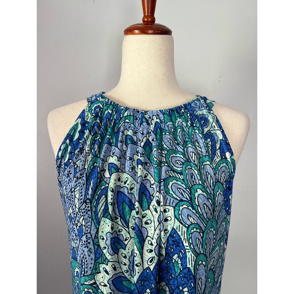 Anne Klein Blue Green Peacock Print Sleeveless Maxi Dress Size 14 Vacation - Picture 2 of 6